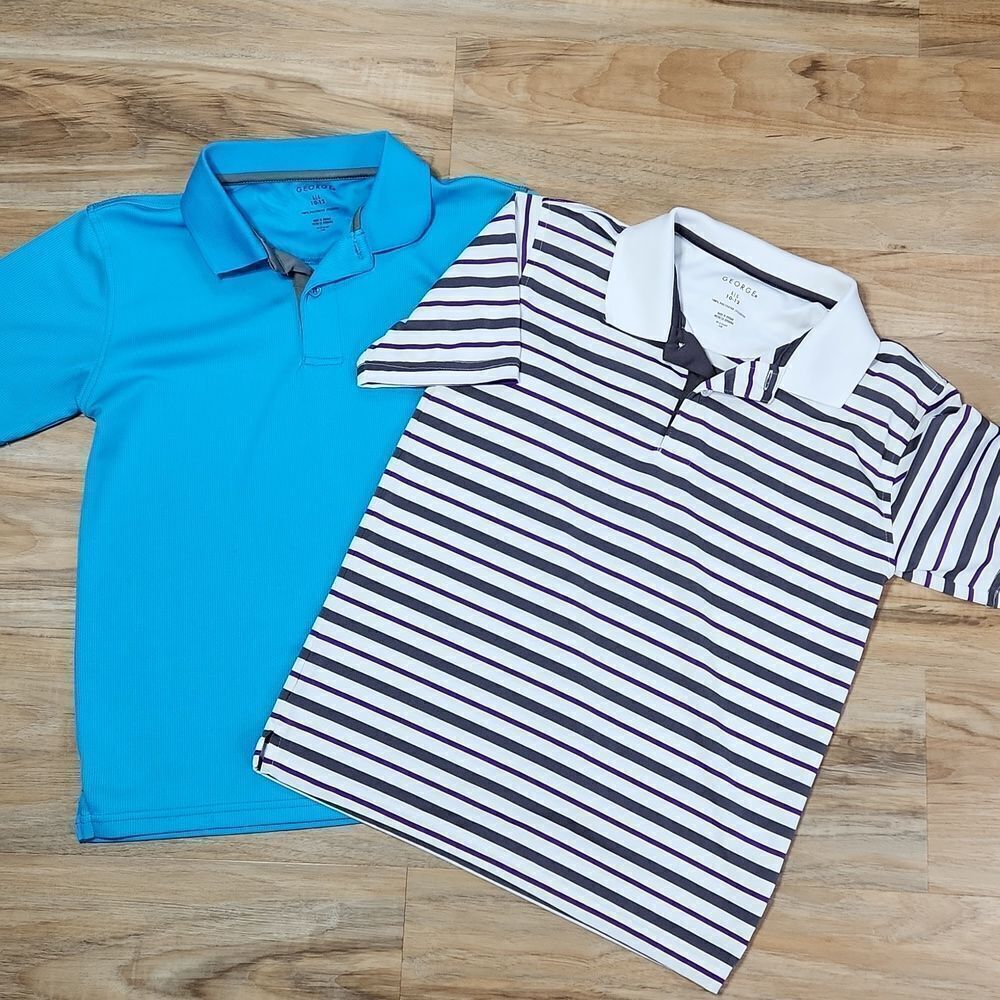 🧡George Set of 2 White w/Purple Stripe & Blue Short Sleeve Polos Large